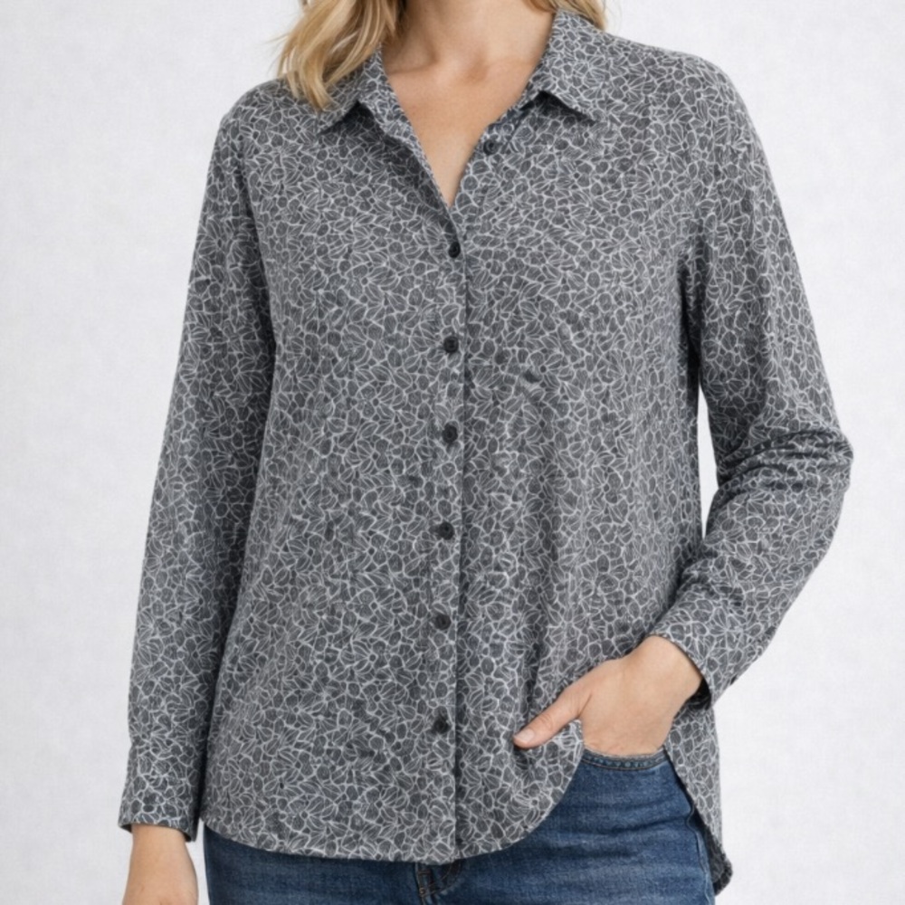 Chicos Floral Lace Blouse Womens Large Gray Button Front Long Sleeve